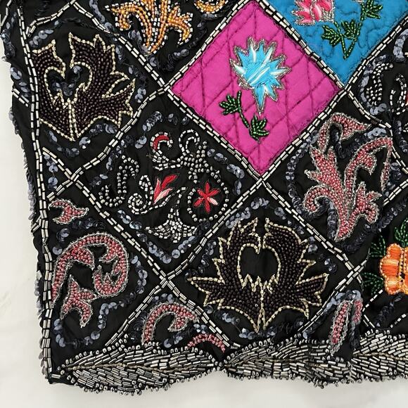 Judith Ann Vtg silk Patchwork Embroidered jacket Quilted sequin Embellished Sz L - Picture 12 of 15